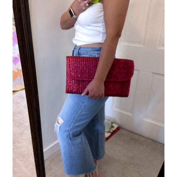 Vintage 60s 70s Woven Straw Envelope Clutch Bag Red Pink - Picture 6 of 6